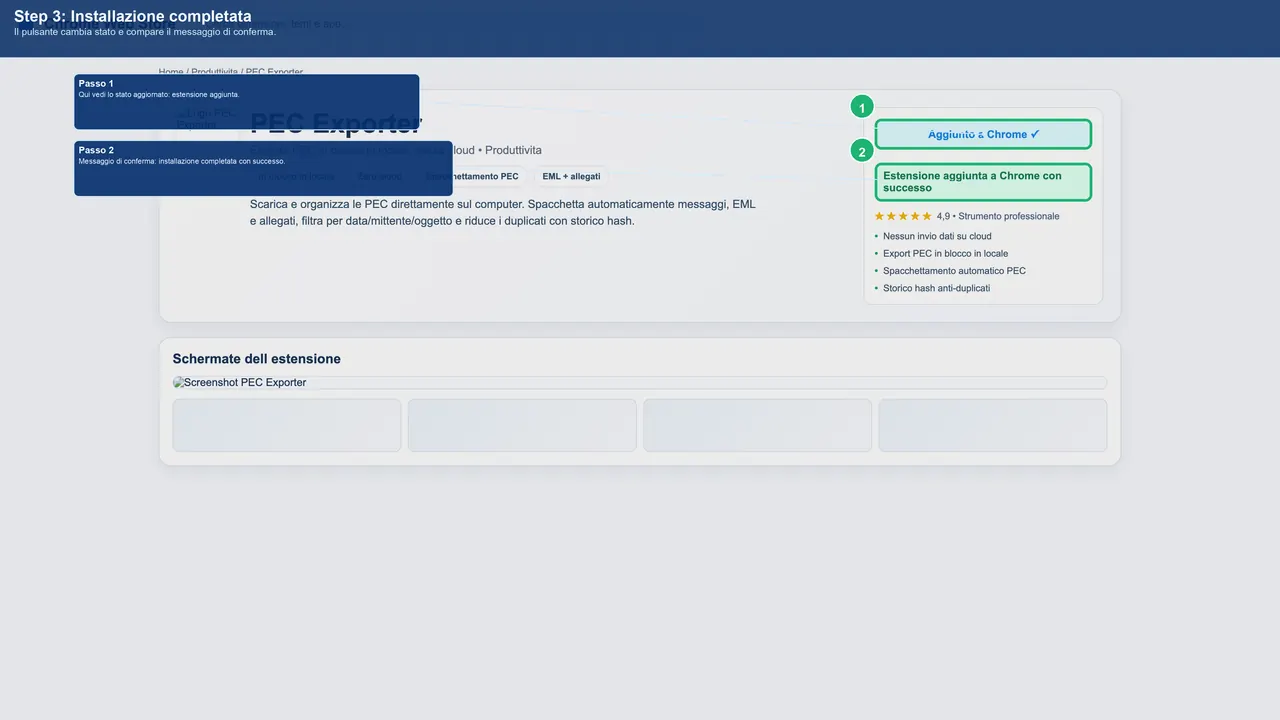 Installazione estensione completata in Chrome