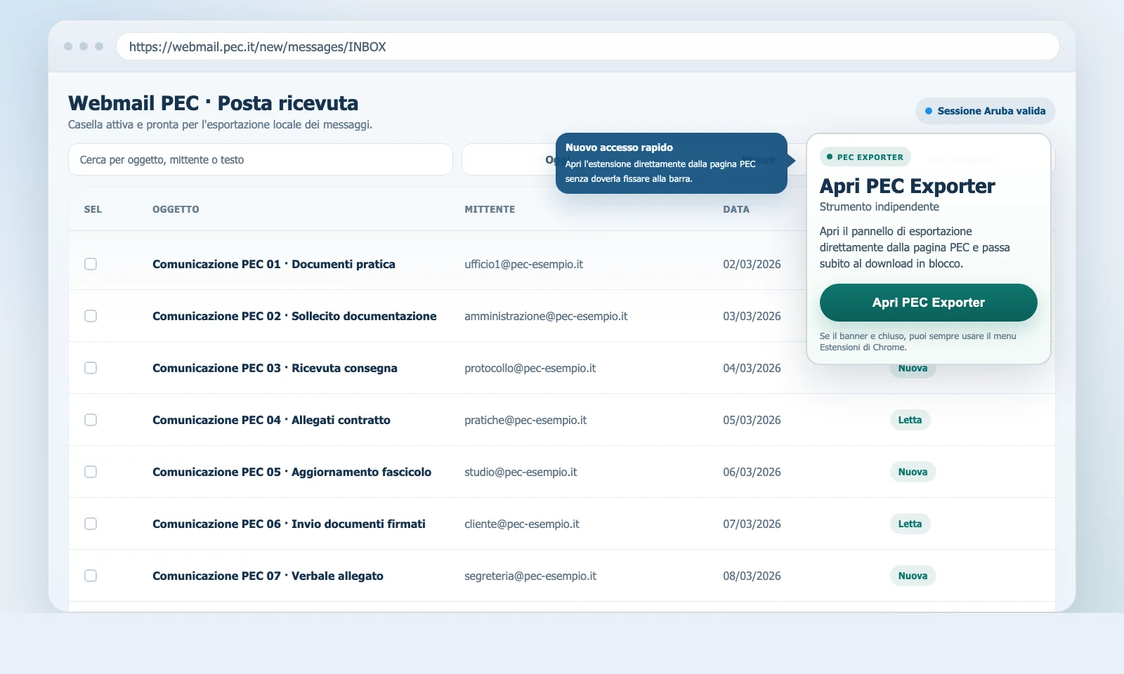 Bottone Apri PEC Exporter mostrato nella pagina PEC