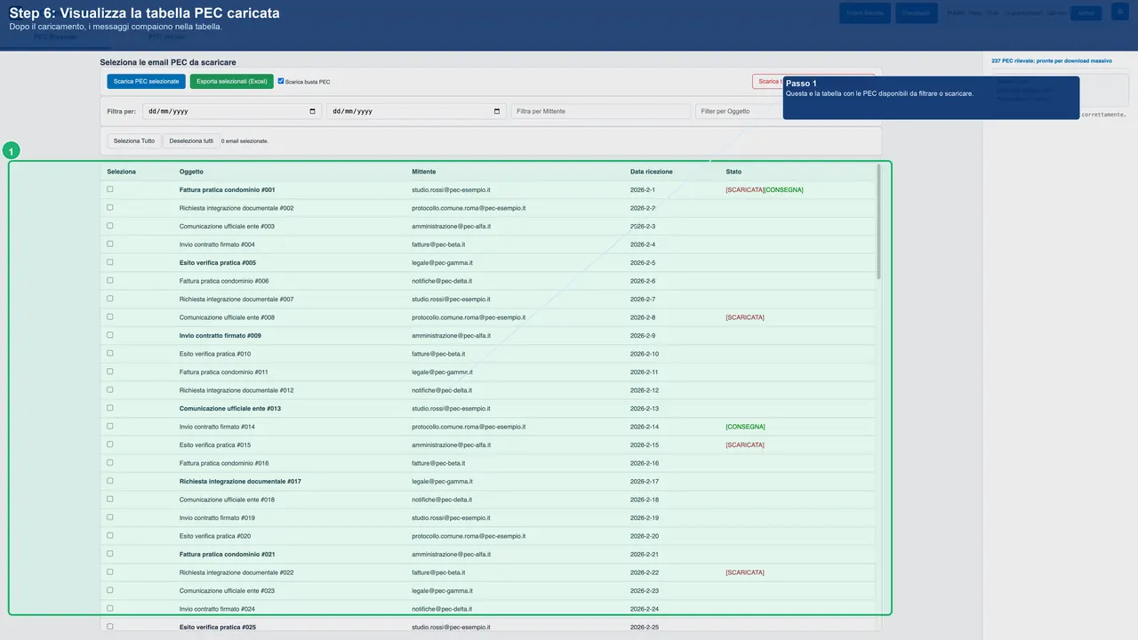 Tabella messaggi caricata in PEC Exporter