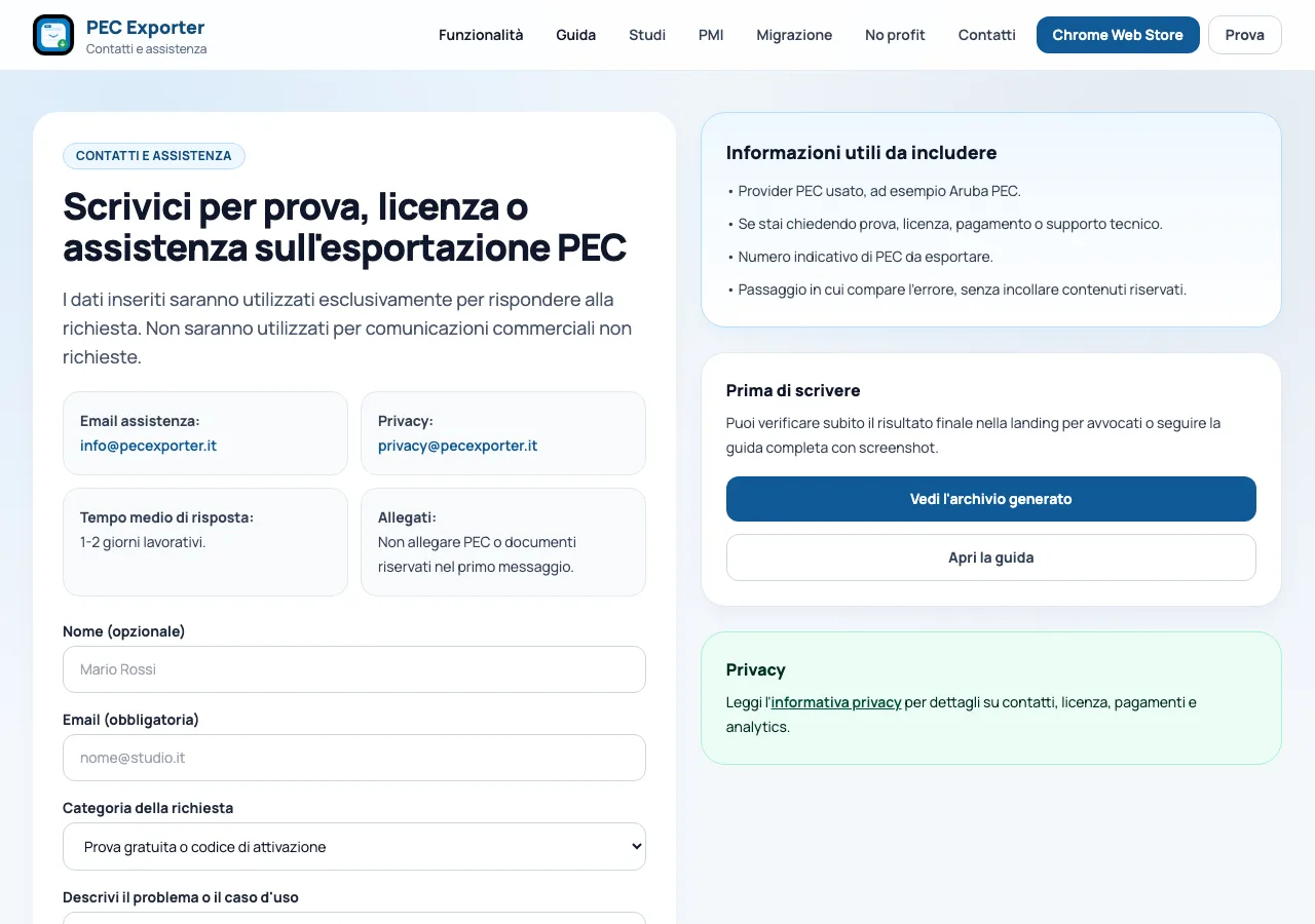 Pagina Contatti e assistenza di PEC Exporter